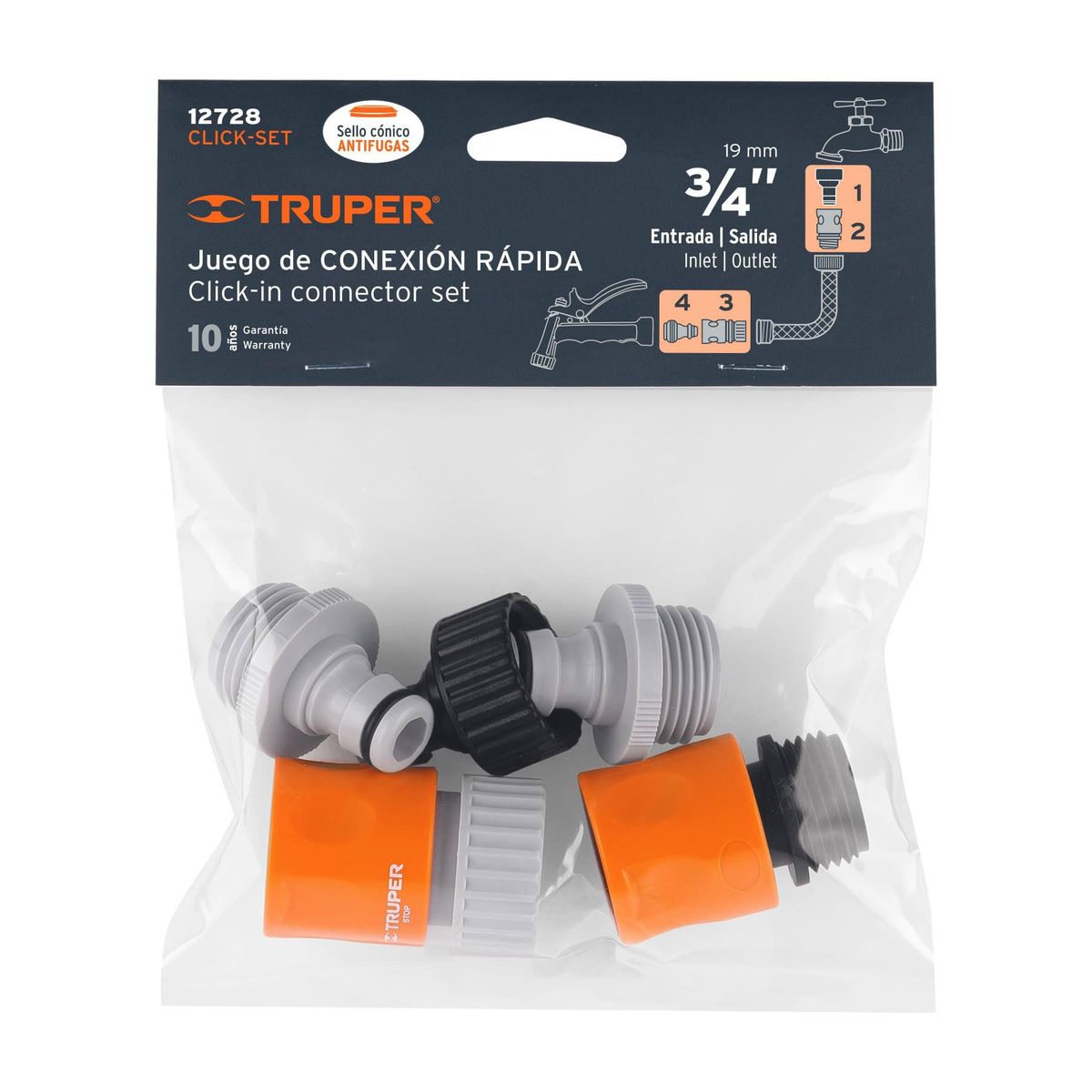TRUPER - Juego de 5 conectores 3/4" rápidos de ABS, sistema click
