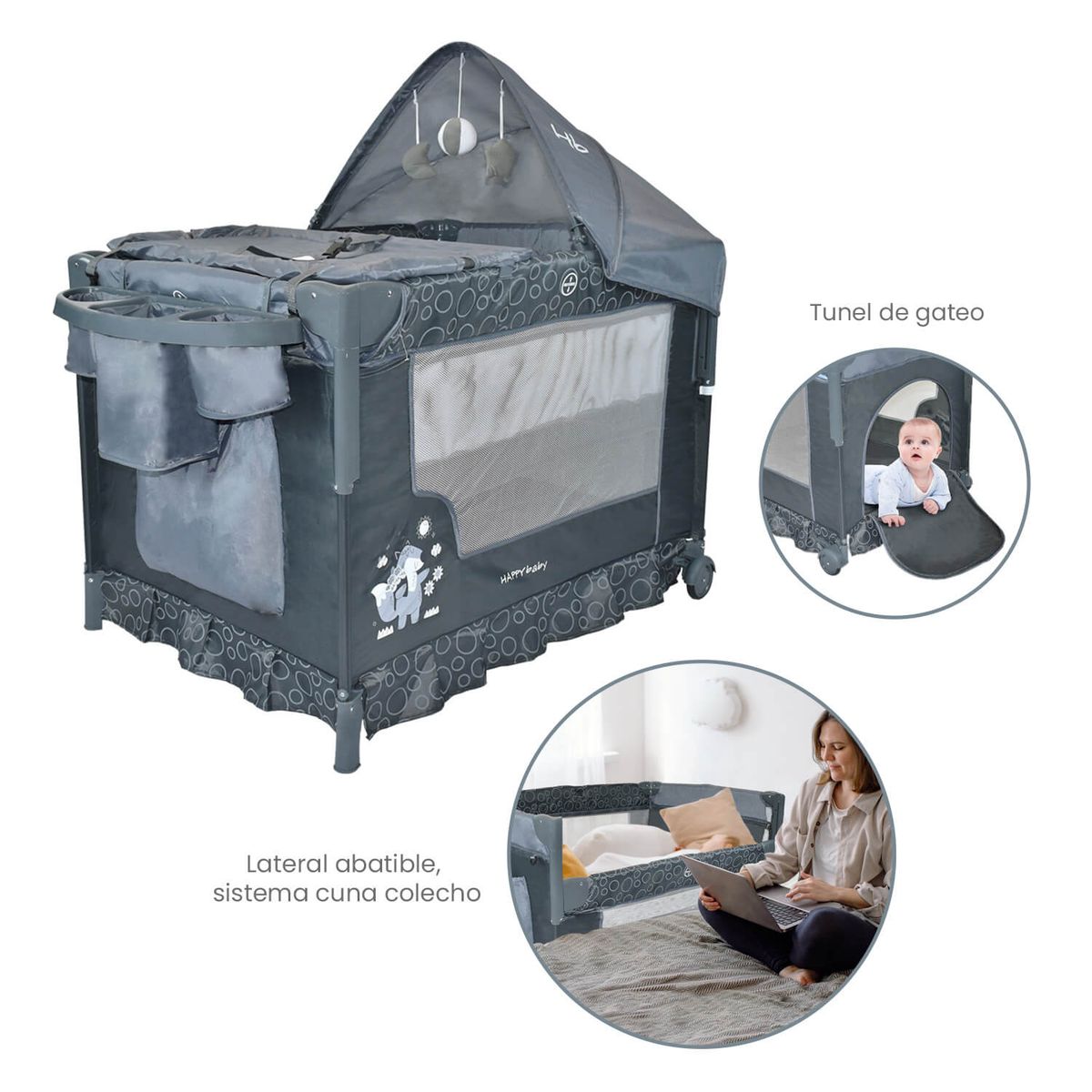 HAPPY BABY - Corral Cuna Colecho Bebé Happy Baby Silver Gris