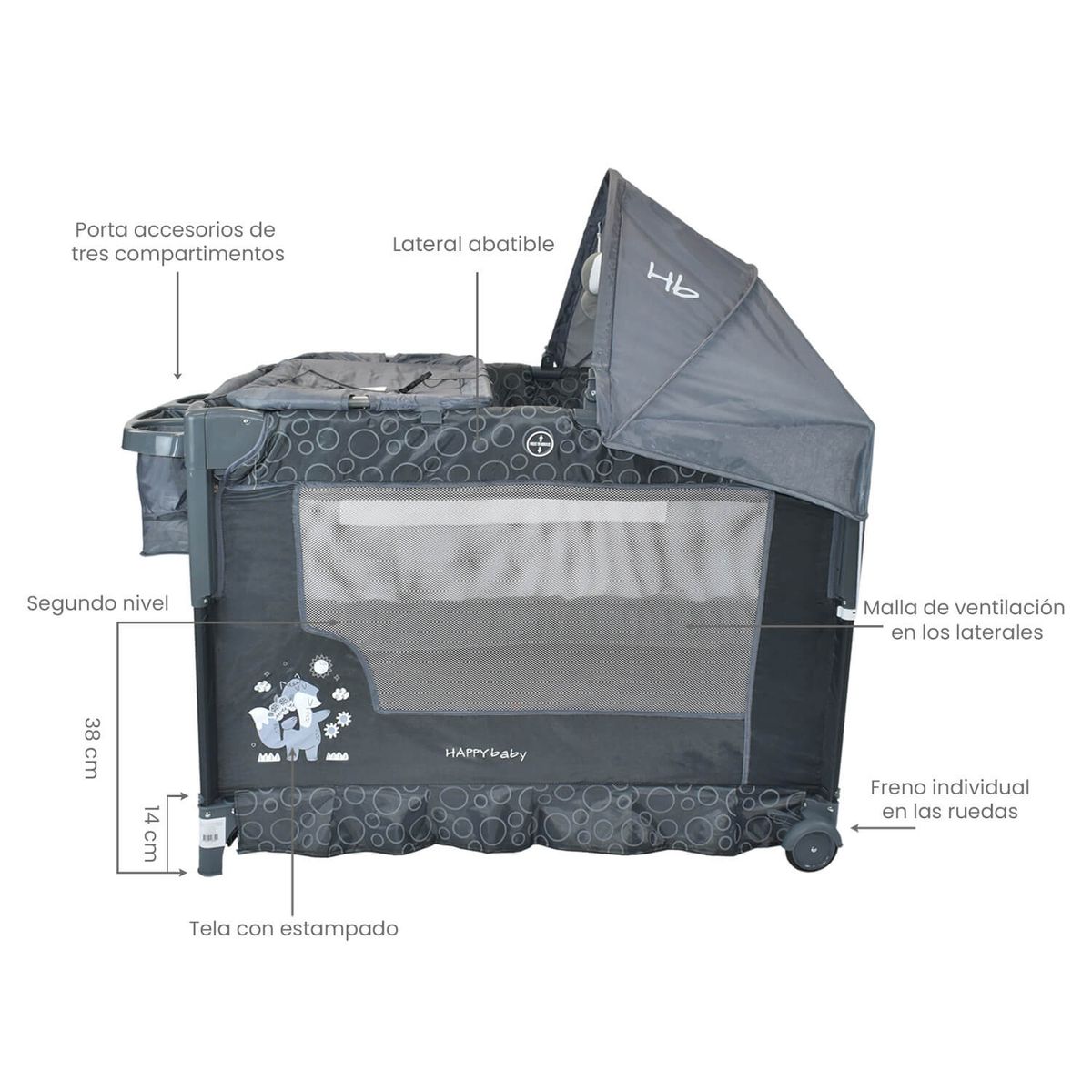 HAPPY BABY - Corral Cuna Colecho Bebé Happy Baby Silver Gris