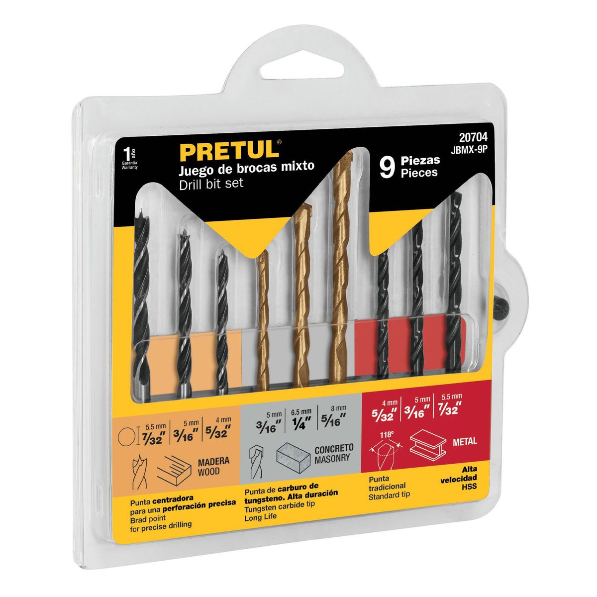 PRETUL - Juego de 9 brocas para metal, concreto y madera, Pretul