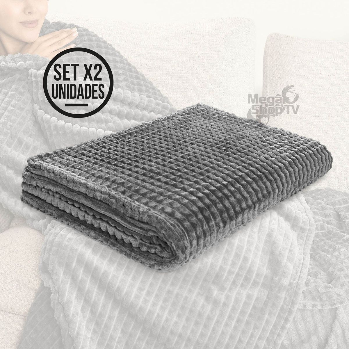 ENERGY PLUS - Set X2 Cobija grande decorativa manta frazada suave Lujosa Gris