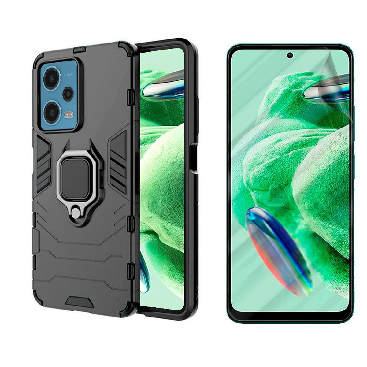 GENERICO - Estuche Anillo Compatible con Xiaomi Redmi Note 12 4G Negro+Hidrogel
