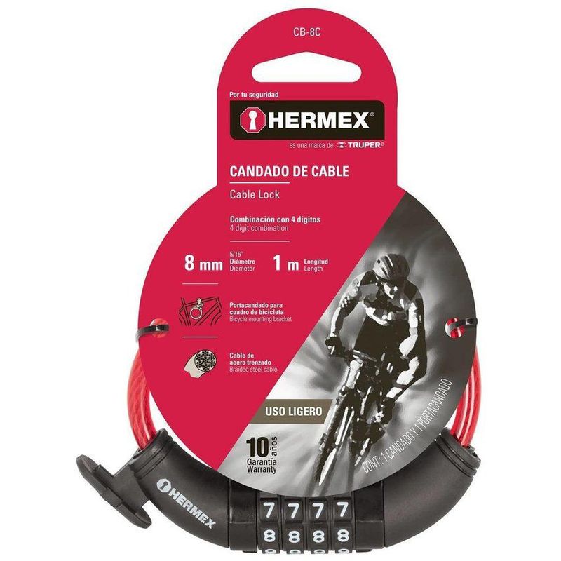 HERMEX - Candado de cable de combinacion uso ligero 8mm 1m hermex