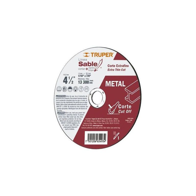 TRUPER - Disco para corte extrafino de metal 7 2mm alto rendimiento truper