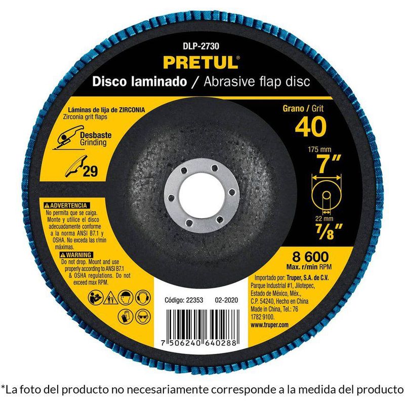 TRUPER - Disco laminado flap 4 1/2" 7/8" 40 grano pretul