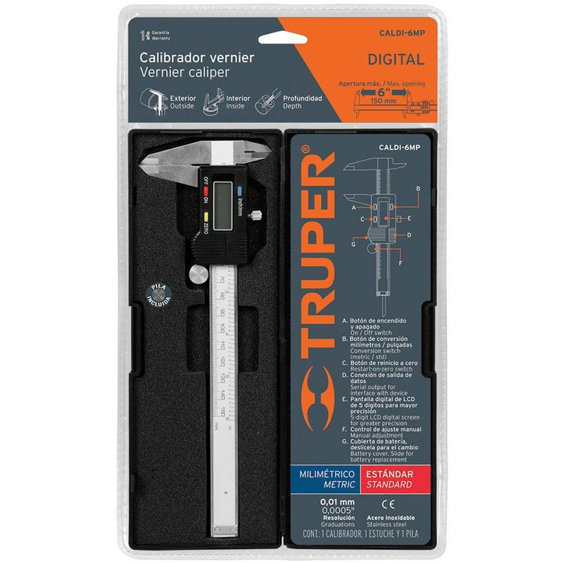 TRUPER - Calibrador pie de rey digital en pulgadas y metrico truper