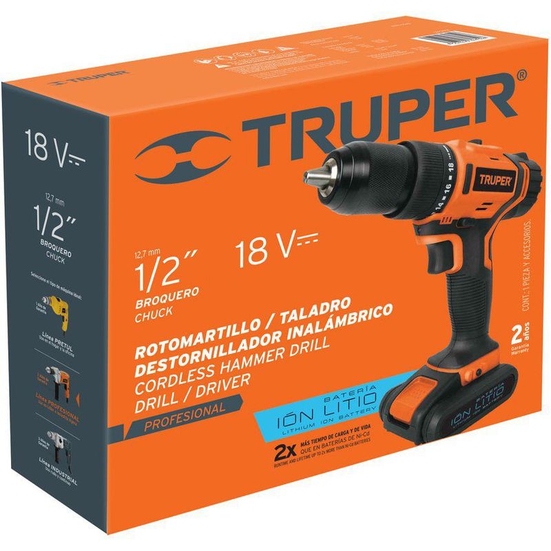 TRUPER - Taladro percutor inalambrico portatil 1/2 profesional truper