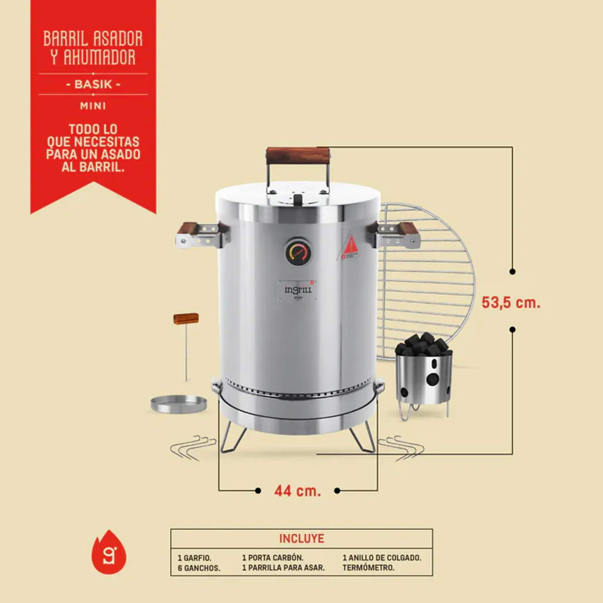 IN GRILL - AHUMADOR Y ASADOR DEL BARRIL MINI BASIK 6 A 8 LIBRAS DE CAPACIDAD - INGRILL