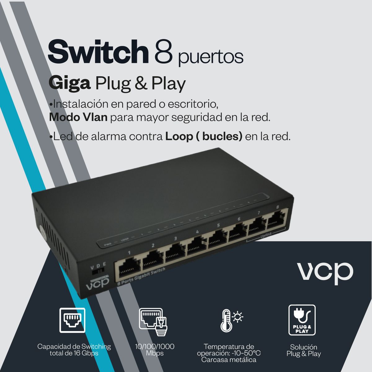 VCP - Switch Gigabit 8 Puertos Metálico Vcp