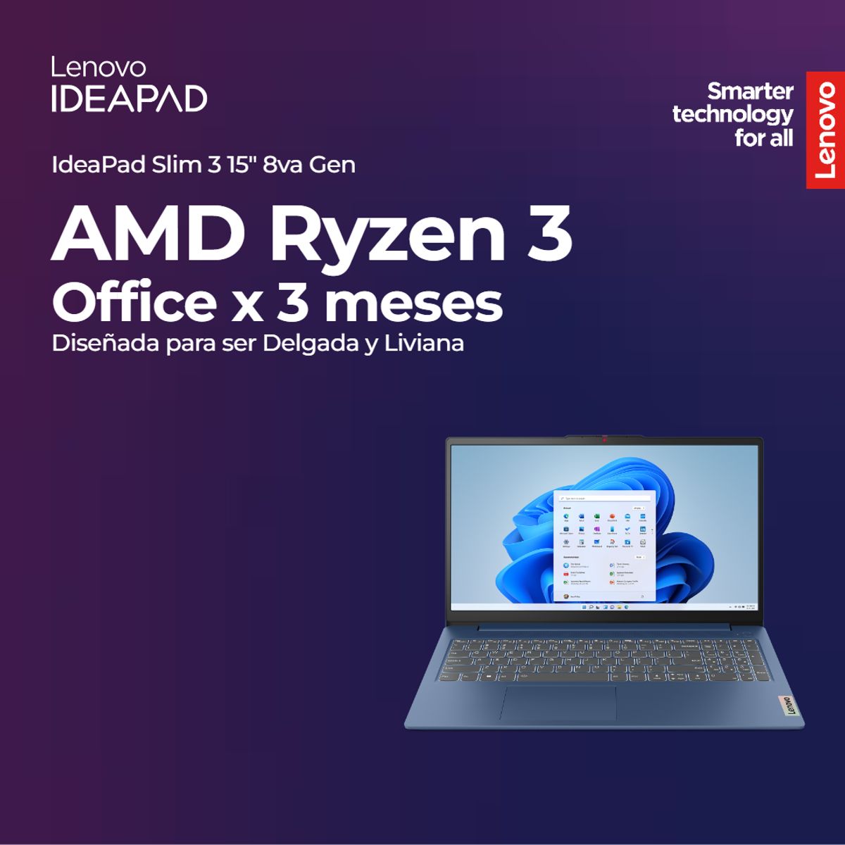 LENOVO - Portátil Lenovo IdeaPad Slim 3 Ryzen 3 8GB 512GB 15.6” Azul