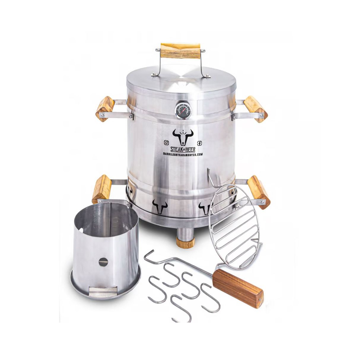 STEAK AND BEER - Ahumador y Asador de Barril Pequeño INOX (56cm X 36 cm) incluye accesorios