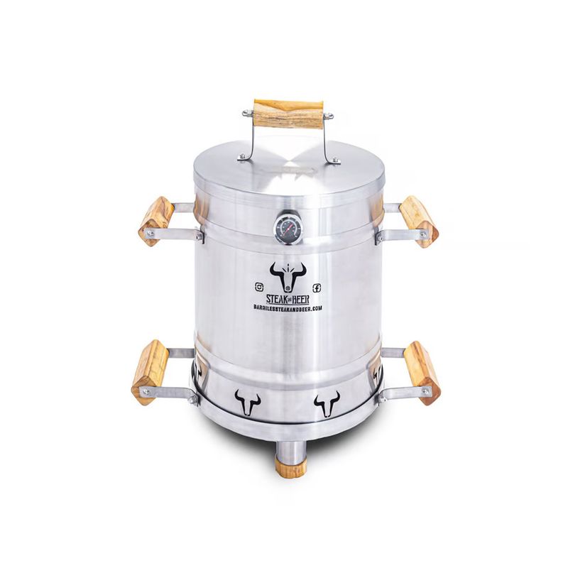 STEAK AND BEER - Ahumador y Asador de Barril Pequeño INOX (56cm X 36 cm) incluye accesorios