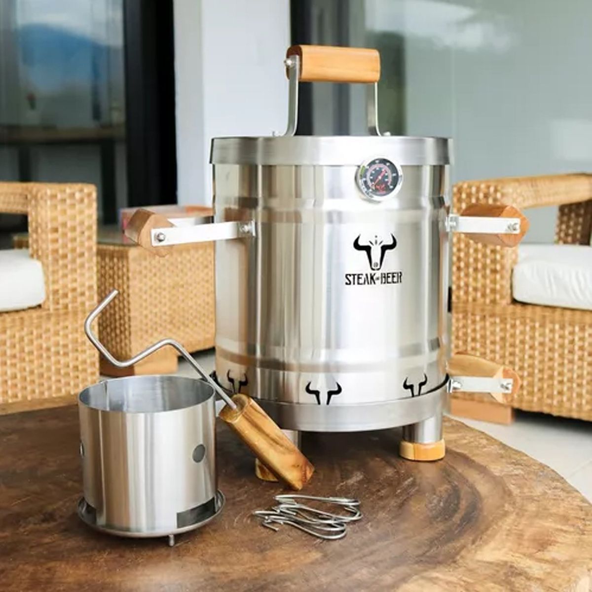 STEAK AND BEER - Asador Tipo Barril Mini INOX (50cm X 30 cm) incluye accesorios