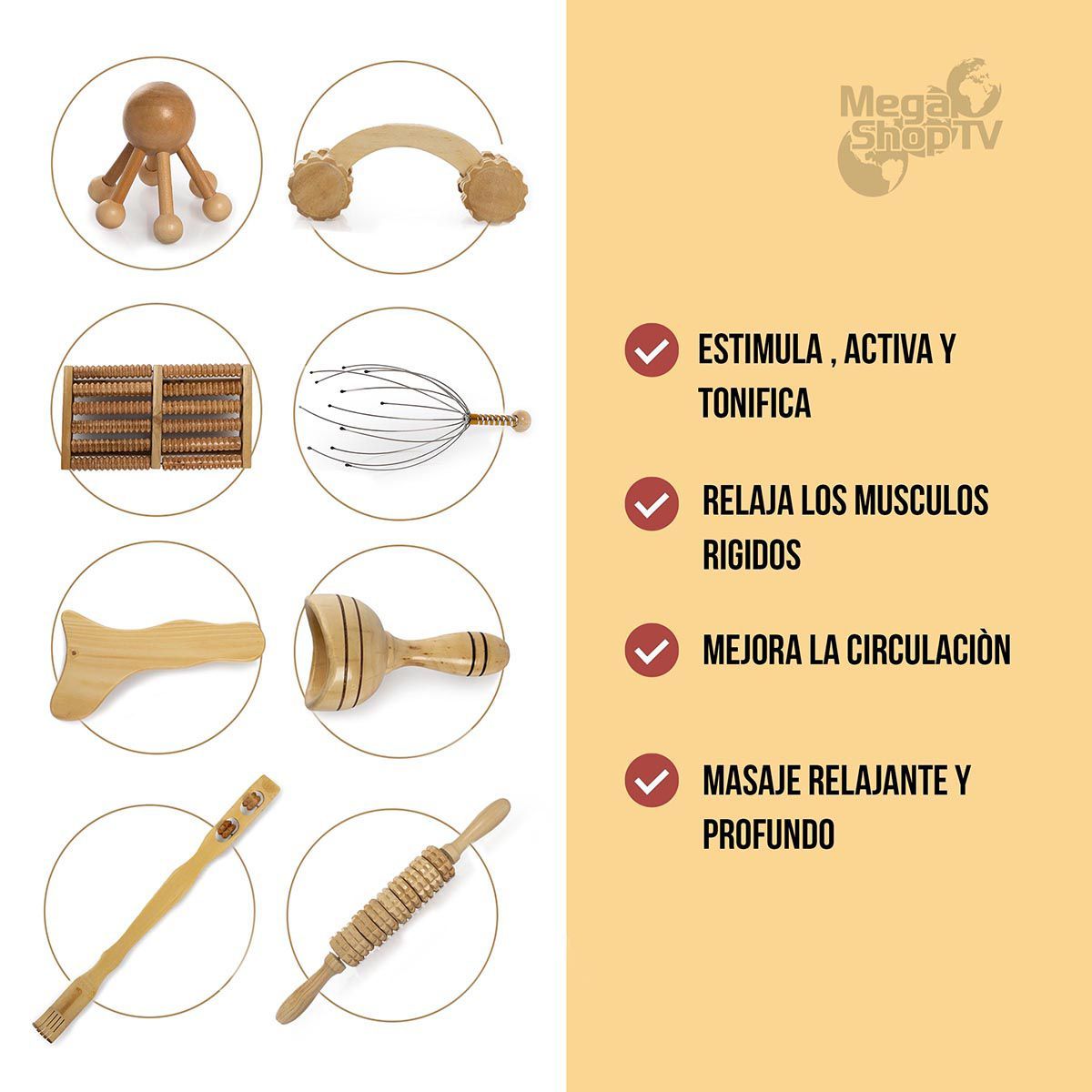 STYLE STARS - Kit maderoterapia con 8 masajeadores relajantes reductores