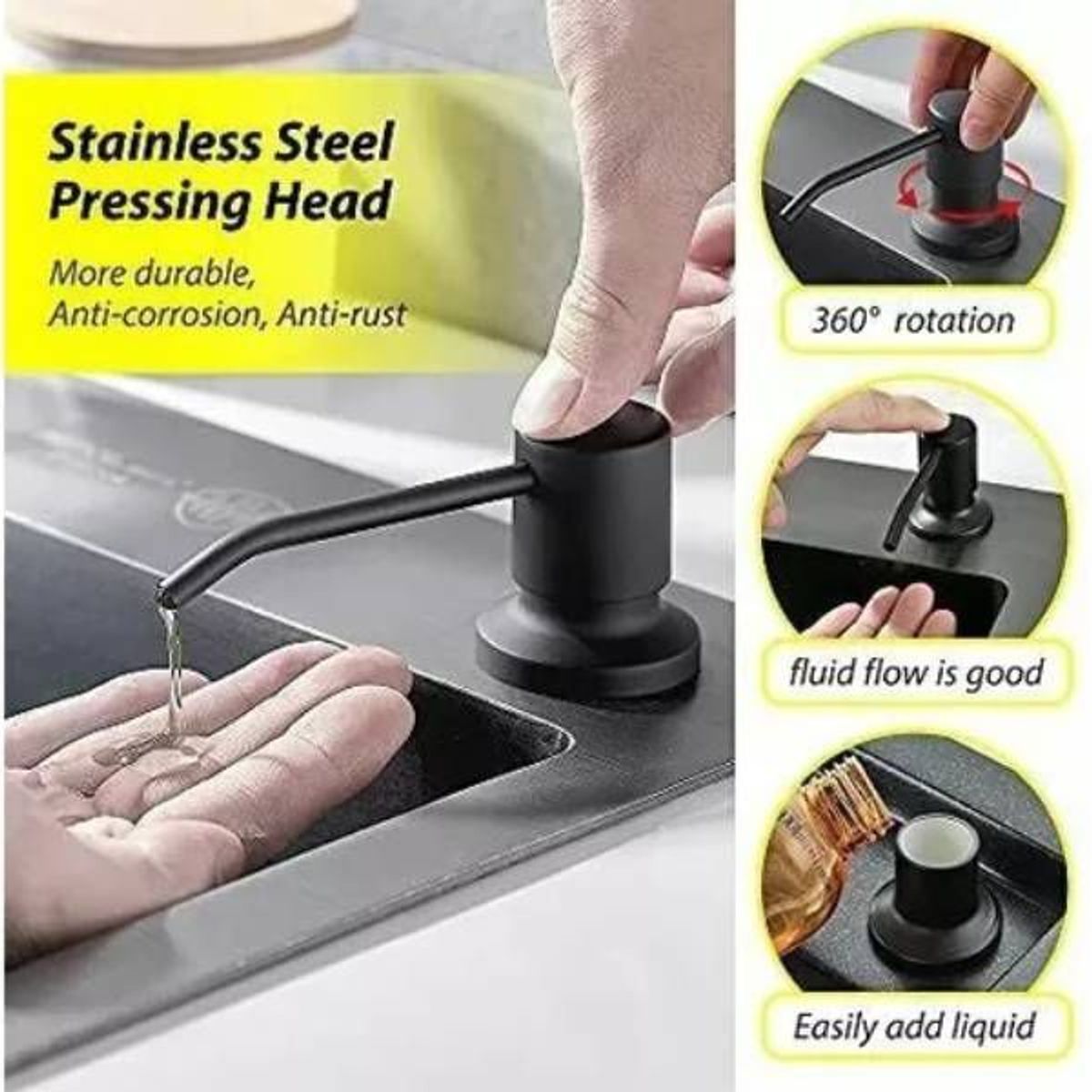 GENERICO - Dispensador Jabón 500ml Pico Acero Negro Cuerpo Abs Cocina