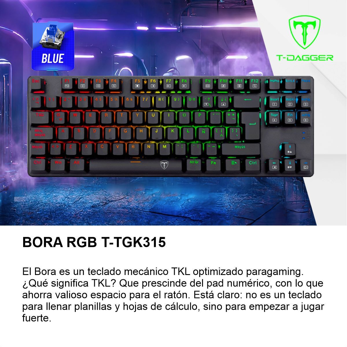 T DAGGER - Teclado Gamer Mecánico TKL T-Dagger T-TGK315 Bora RGB Switch Blue