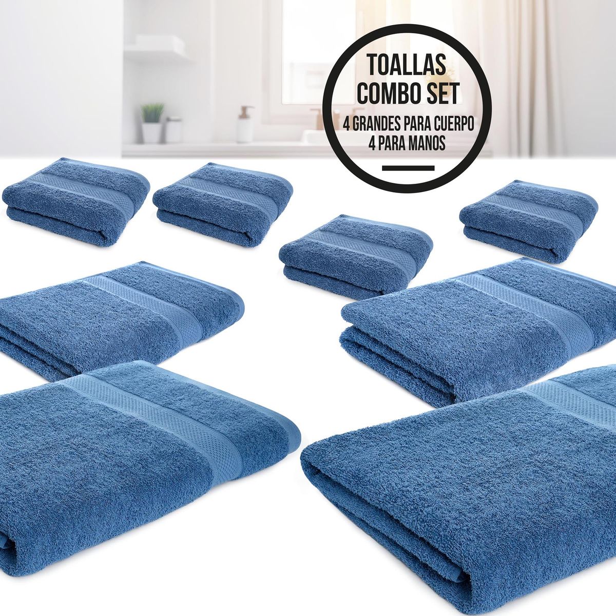 ENERGY PLUS - Set X8 toallas hoteleras: 4 toallas de cuerpo +4 de manos Azul