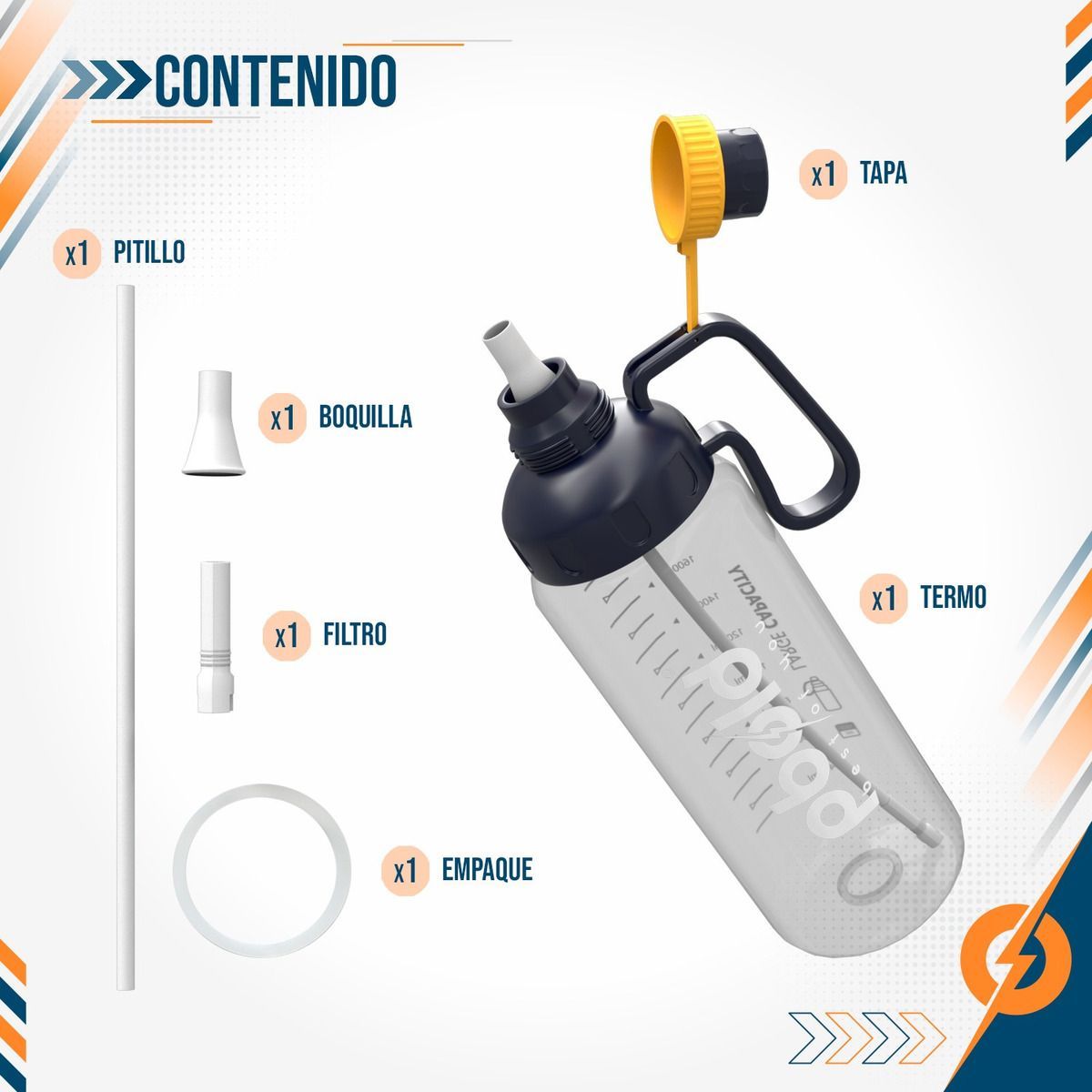 PBOLD - Botella Termo De Agua Gym Gimnasio Pbold Con Medicion Azul