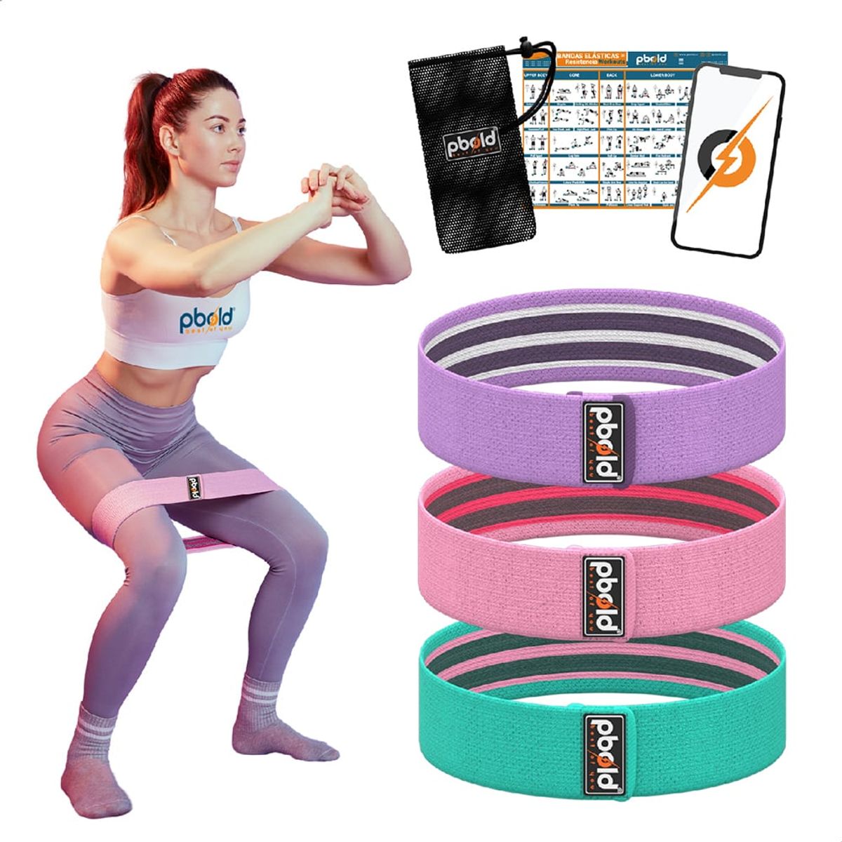 PBOLD - Kit Ligas Bandas Tela Elásticas Resistencia Fitness Pack X 3