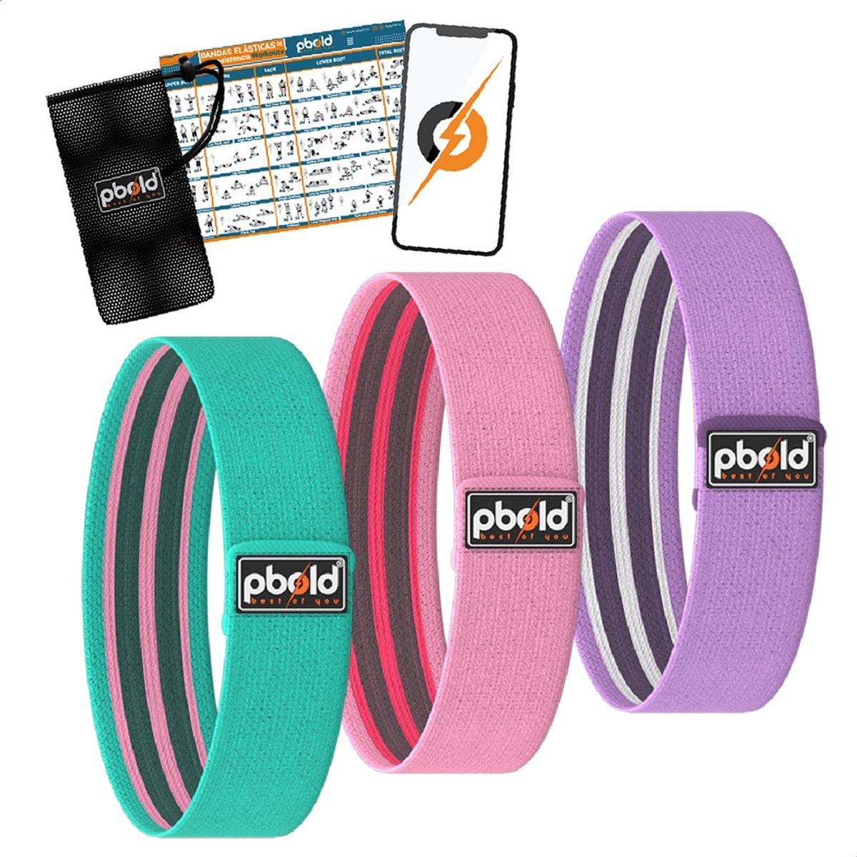 PBOLD - Kit Ligas Bandas Tela Elásticas Resistencia Fitness Pack X 3
