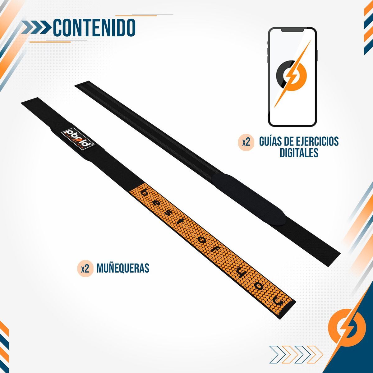 PBOLD - Par Straps Muñequeras Pesas Gym Crossfit Soporte Naranja