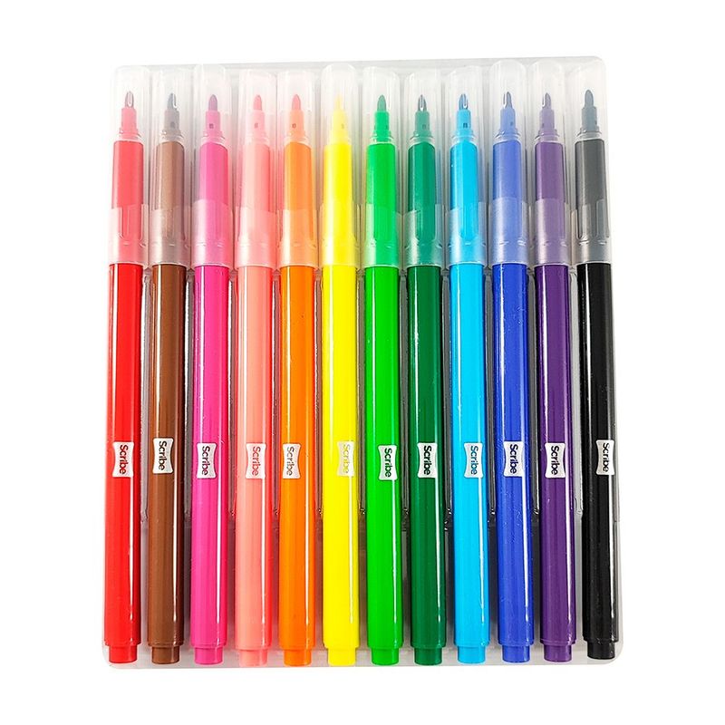 SCRIBE - Plumones Marcadores Scribe Punta Fina X12 Colores