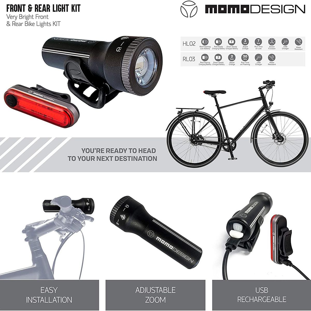 MOMO DESIGN - Kit Luz Bicicleta Frontal Y Trasera Momo Linterna Recargable