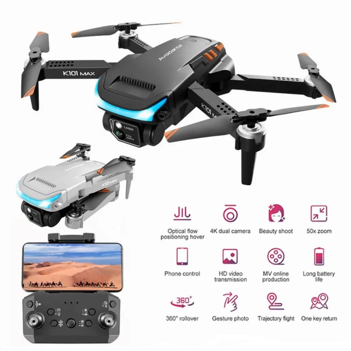 ONE PIXEL - Drone Plegable Doble Camara K101Max 3 Baterias Mas Estuche