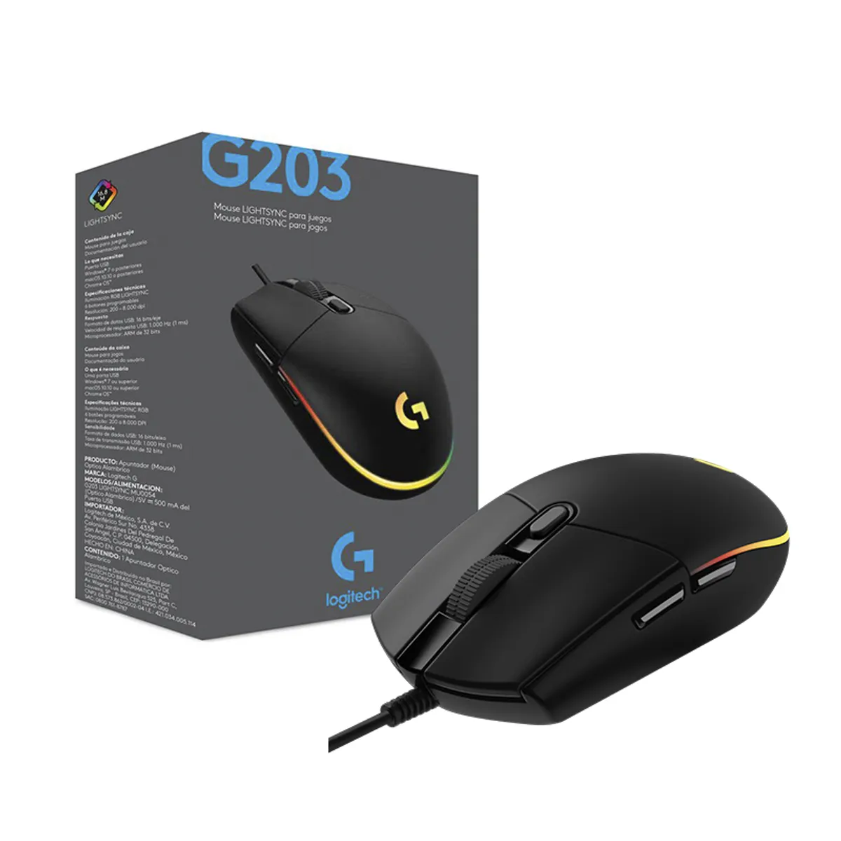 LOGITECH - Mouse Logitech LIGHTSYNC G203 Negro Gaming RGB