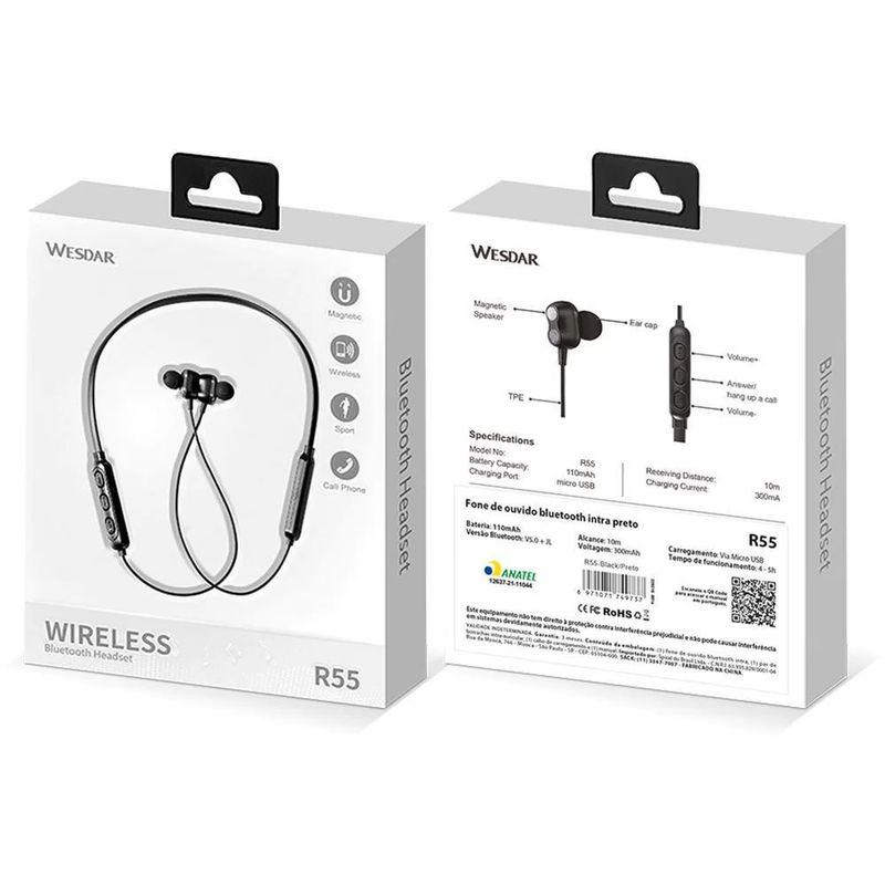 WESDAR - AUDIFONOS BLUETOOTH DE CUELLO WESDAR NEGROS CONTRAFLUIDOS.