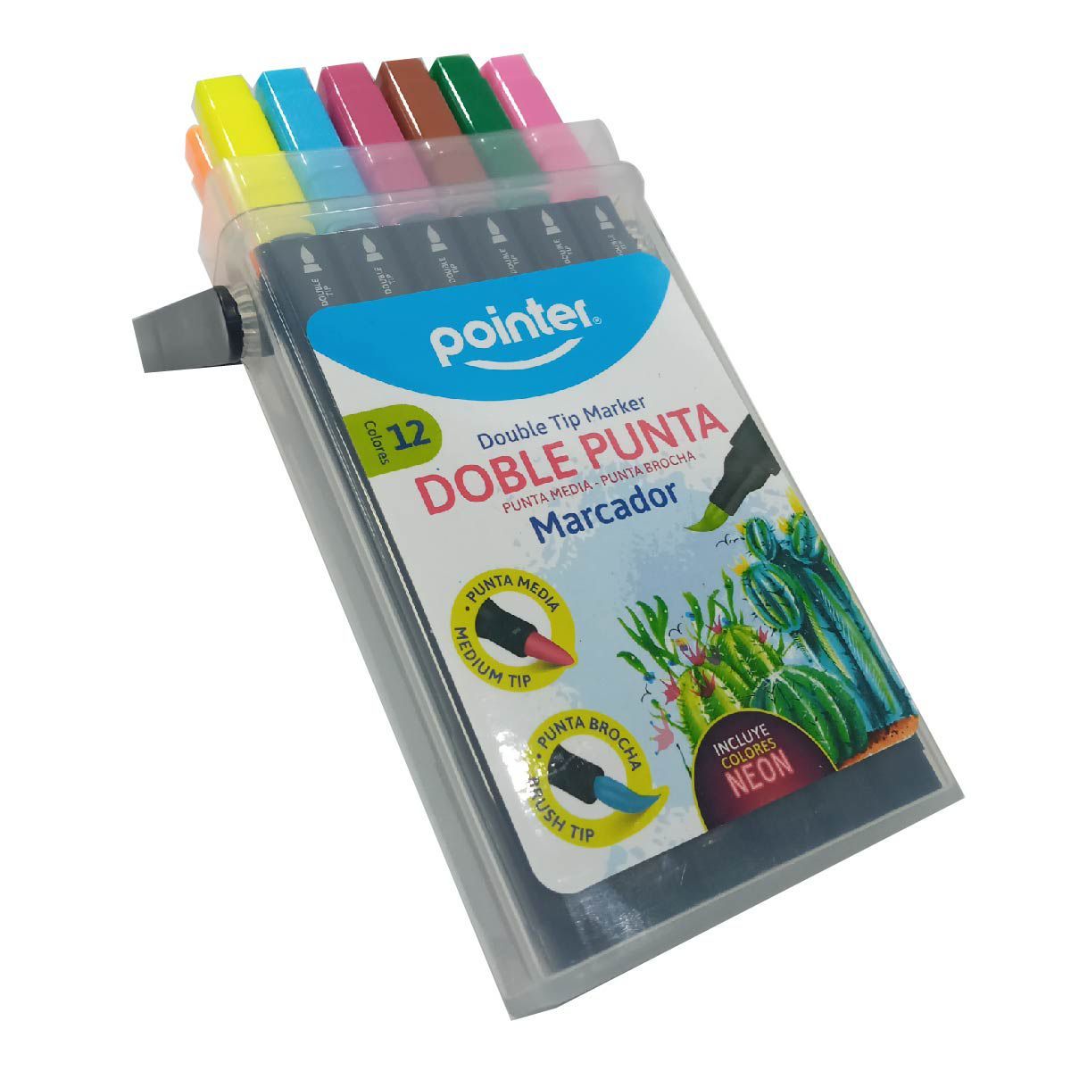 POINTER - Marcador Pointer Doble Punta, Pincel Y Fina X 12 Colores