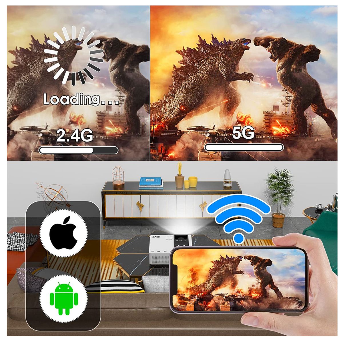 ONE PIXEL - Proyector Portátil TMY WiFi 5G Con Bluetooth 5.1 Proyección 9000 lúmenes