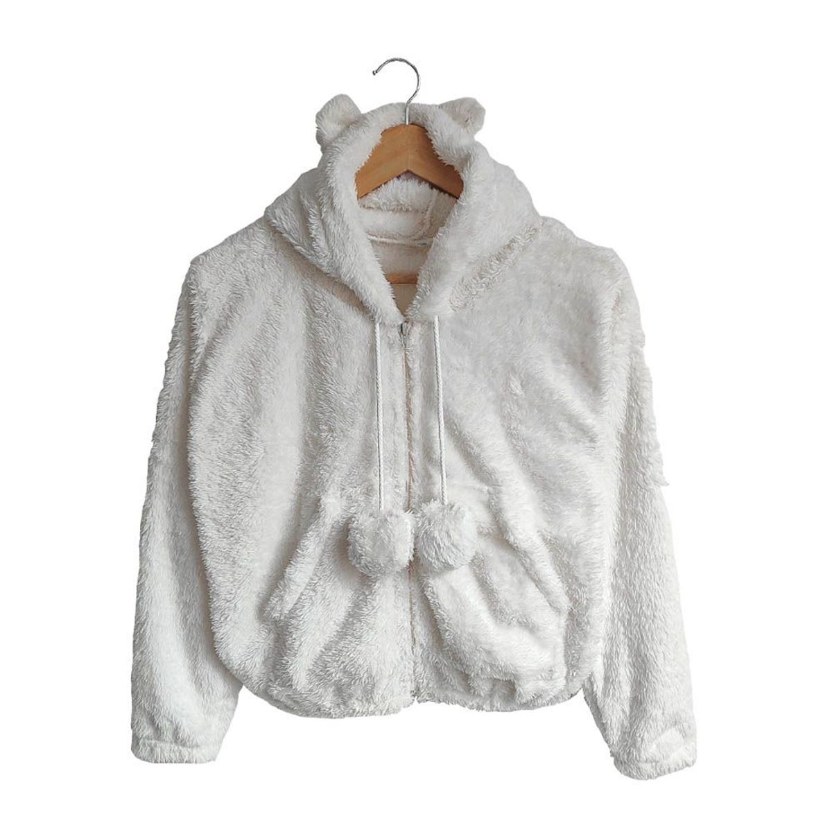 SYK - Saco Buzo Para Mujer Abrigador Invierno Peludo Con Cramallera Blanco