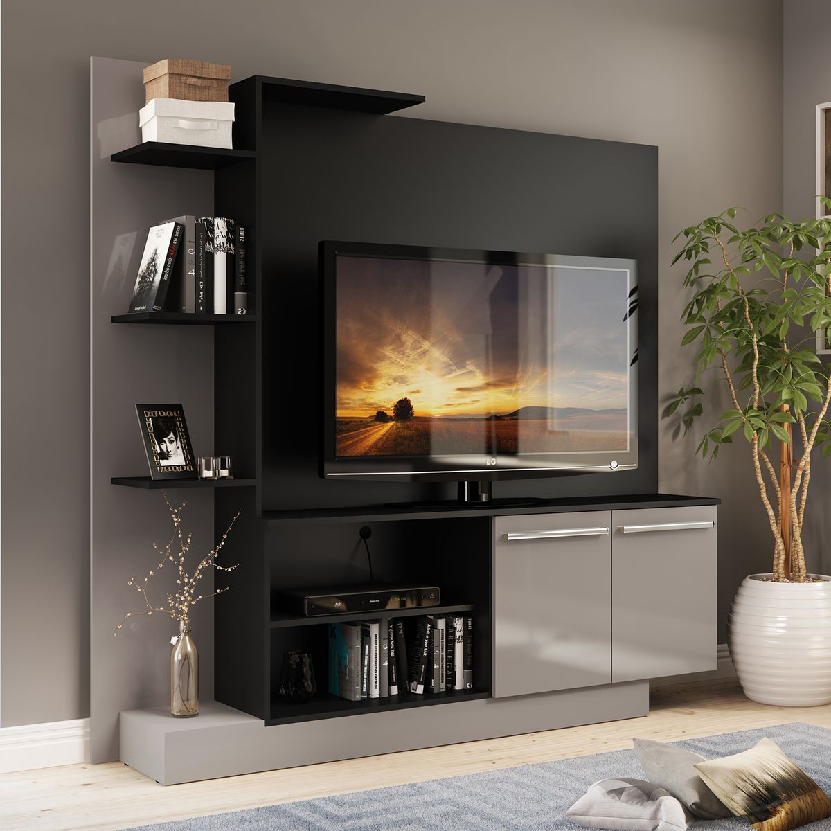 ZER - Centro de Entretenimiento Colón TV 55 Mueble Sala Moderno con Puertas y Repisas