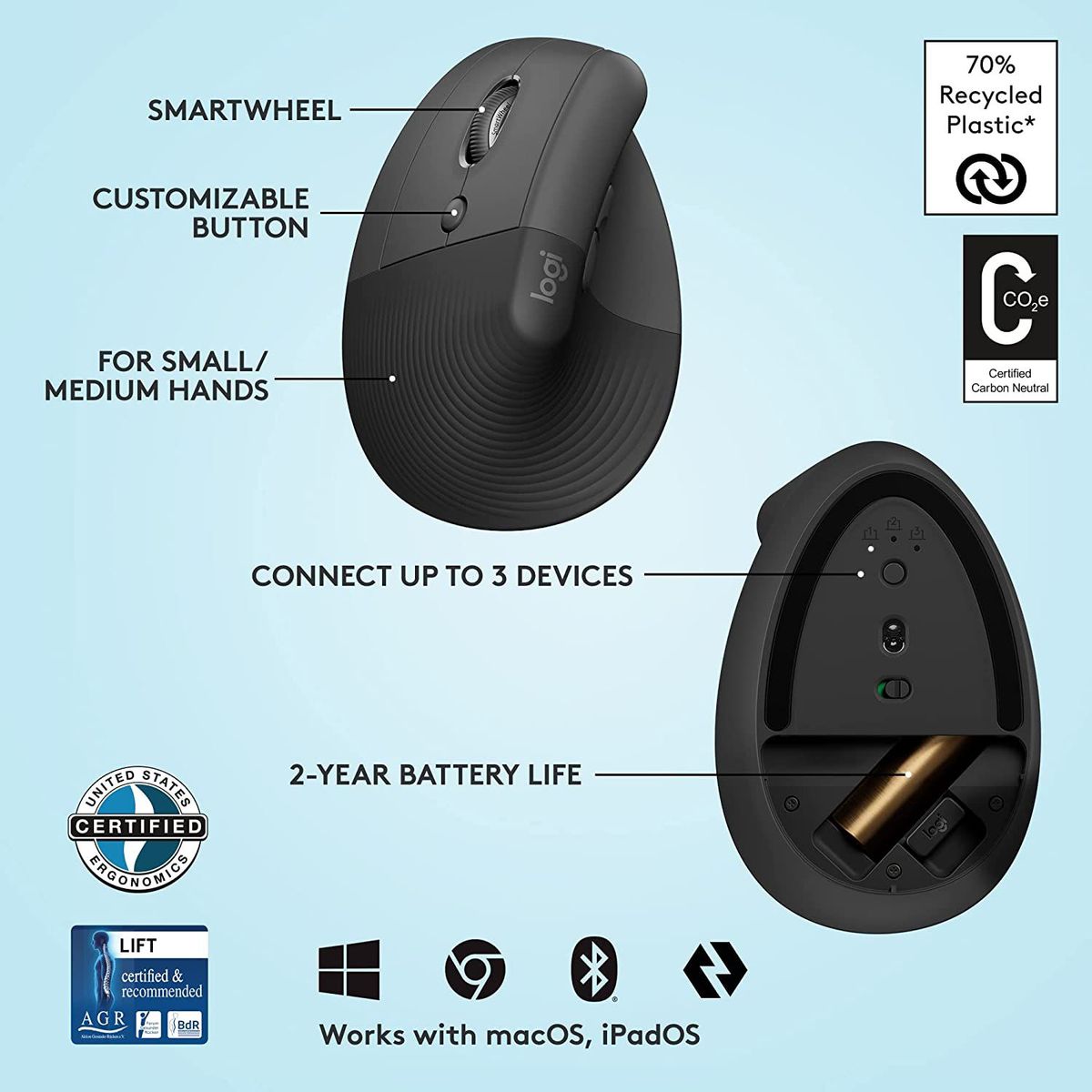 LOGITECH - Logitech Lift Vertical Left Mouse Ergonómico Zurdo 910-006467