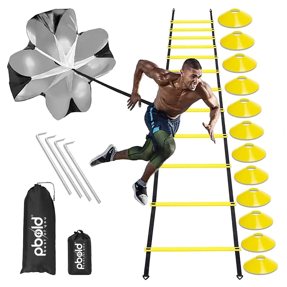 PBOLD - Kit Entrenamiento Deportivo Escalera Agilidad Base Paracaida