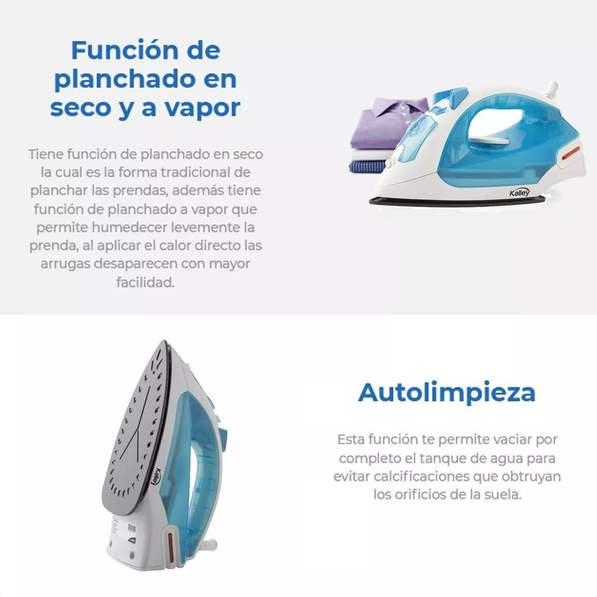 KALLEY - Plancha Ropa a Vapor Kalley K-PB100AA con Suela Cerámica - Azul