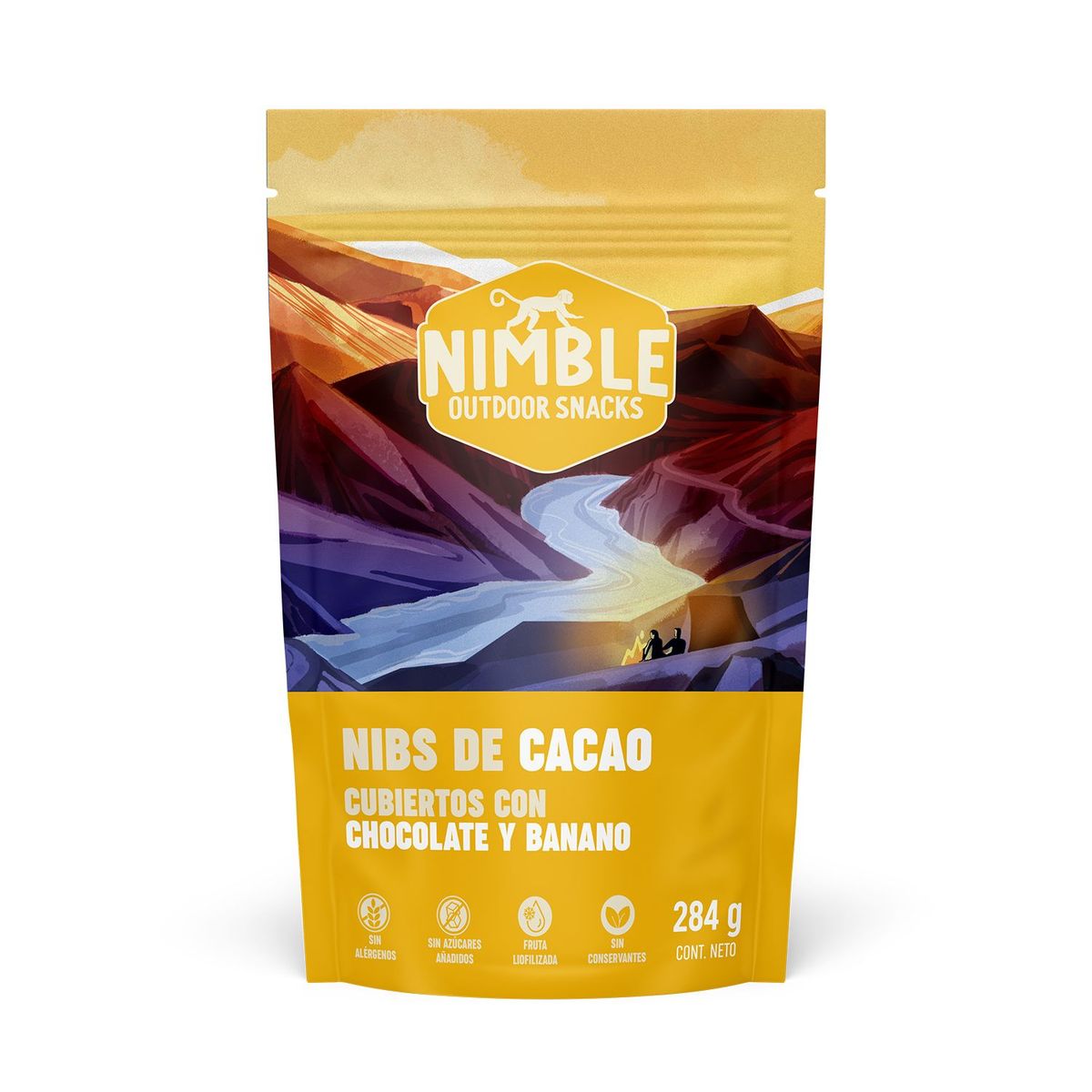 NIMBLE OUTDOOR SNACKS - Nibs de Cacao orgánico cubiertos con Chocolate y Banano 284g