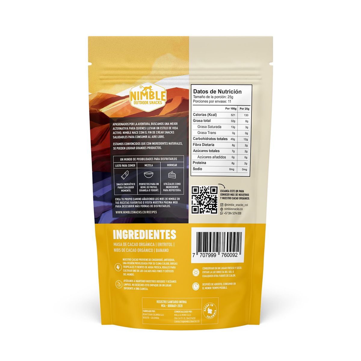 NIMBLE OUTDOOR SNACKS - Nibs de Cacao orgánico cubiertos con Chocolate y Banano 284g