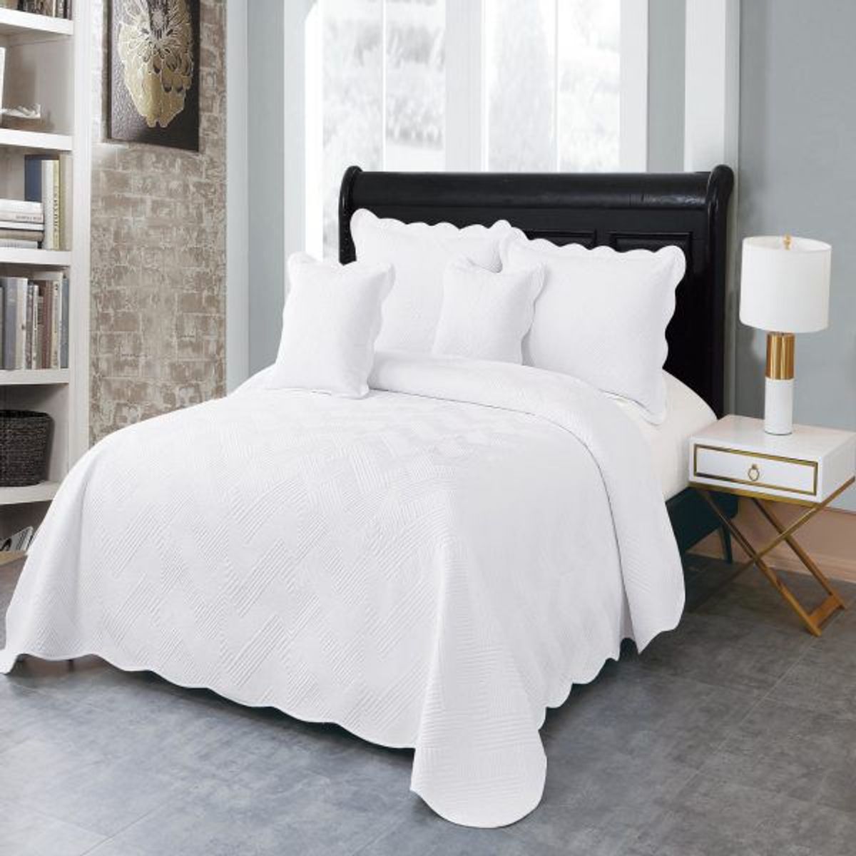 REALTEX - Colcha Doble Línea Europea 5 piezas Real Tex – Bordado Zig Zag