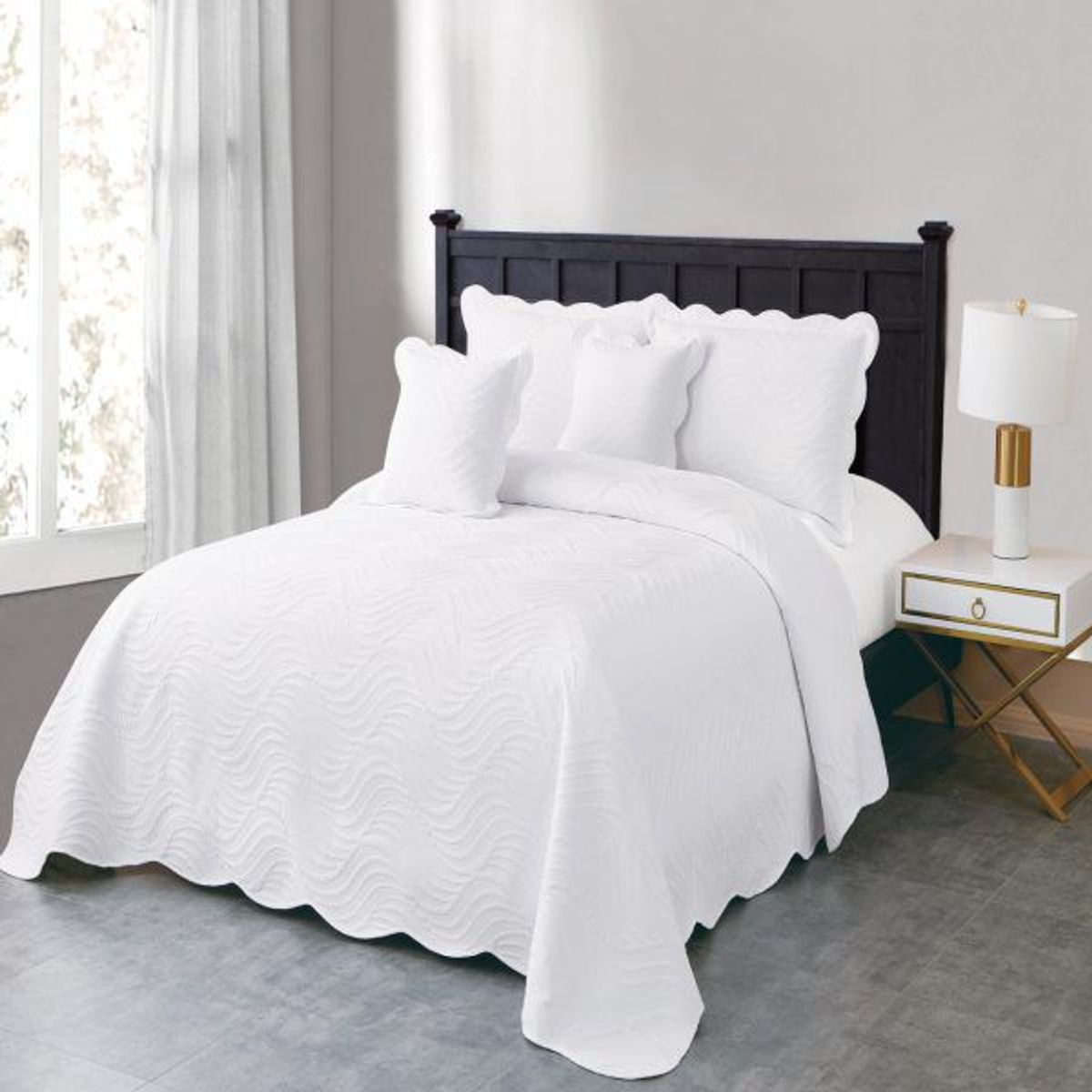 REALTEX - Colcha Doble Línea Europea 5 piezas Real Tex – Bordado Ondas