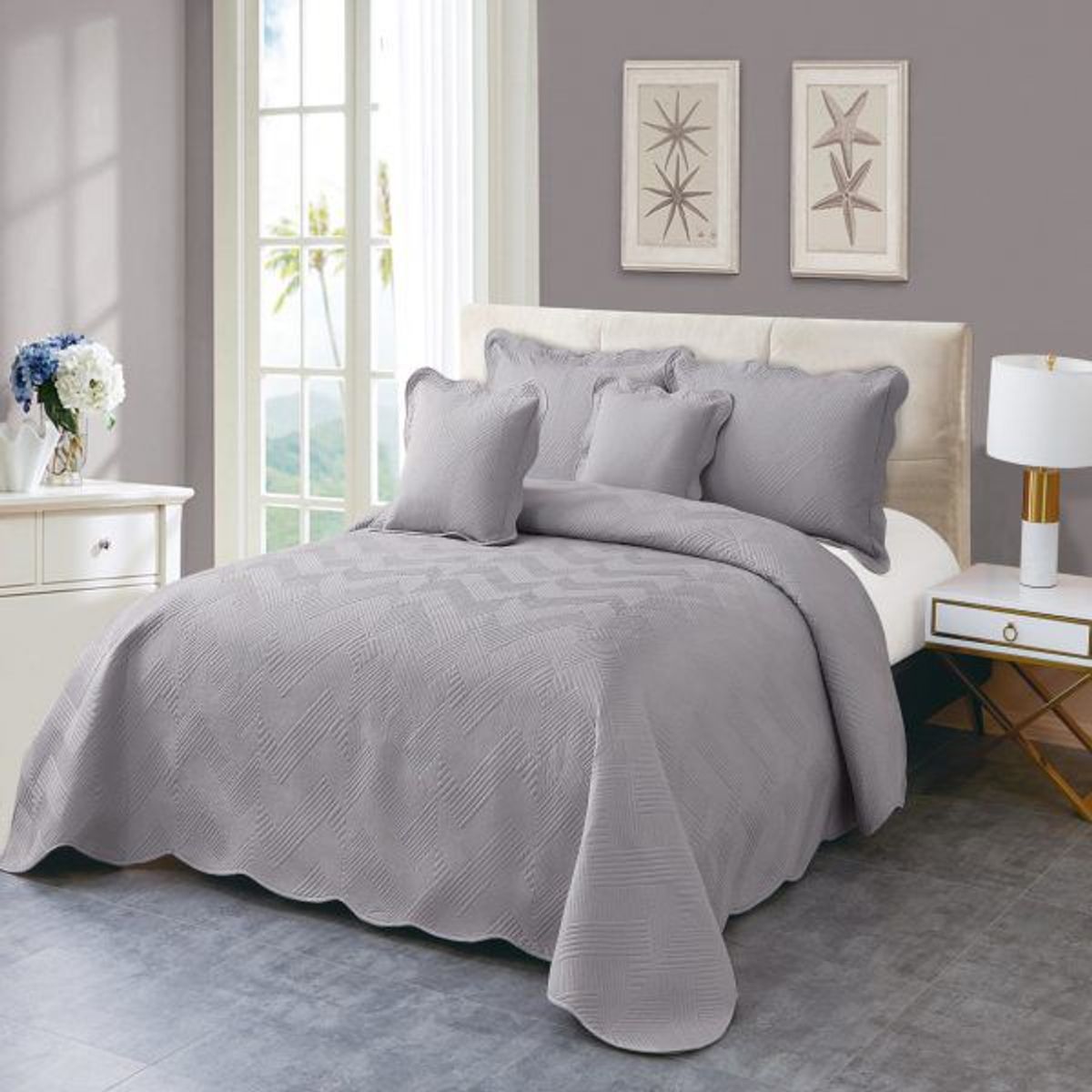 REALTEX - Colcha King Línea Europea 5 piezas Real Tex – Bordado Zig Zag