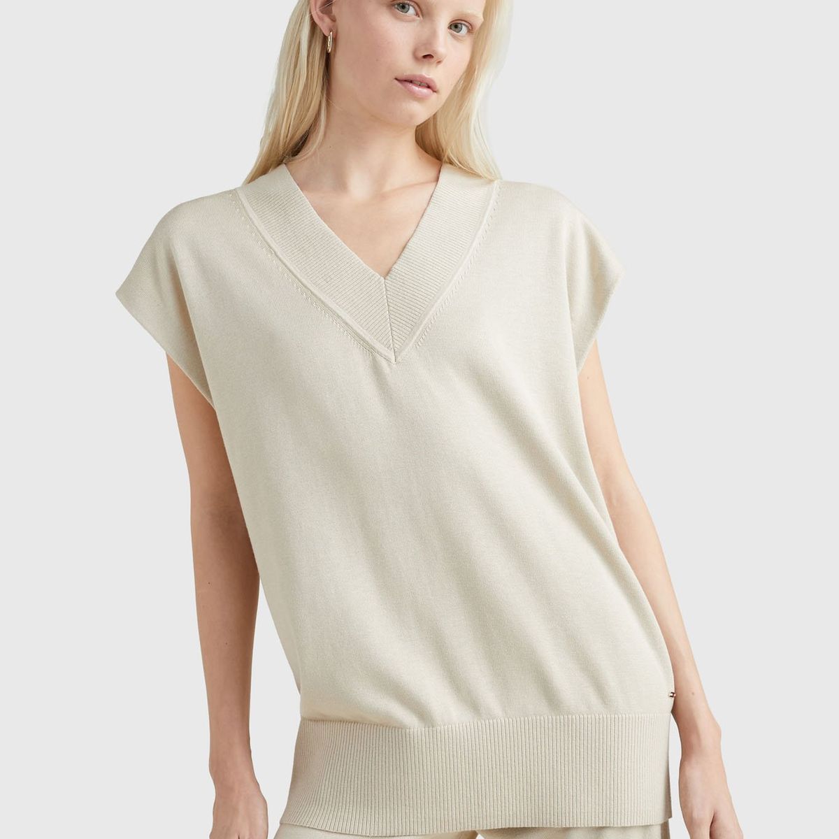 TOMMY HILFIGER - Saco Beige Amplio sin mangas Con Cuello V Para Mujer Tommy Hilfiger