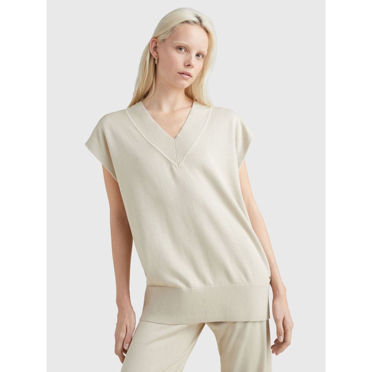 TOMMY HILFIGER - Saco Beige Amplio sin mangas Con Cuello V Para Mujer Tommy Hilfiger