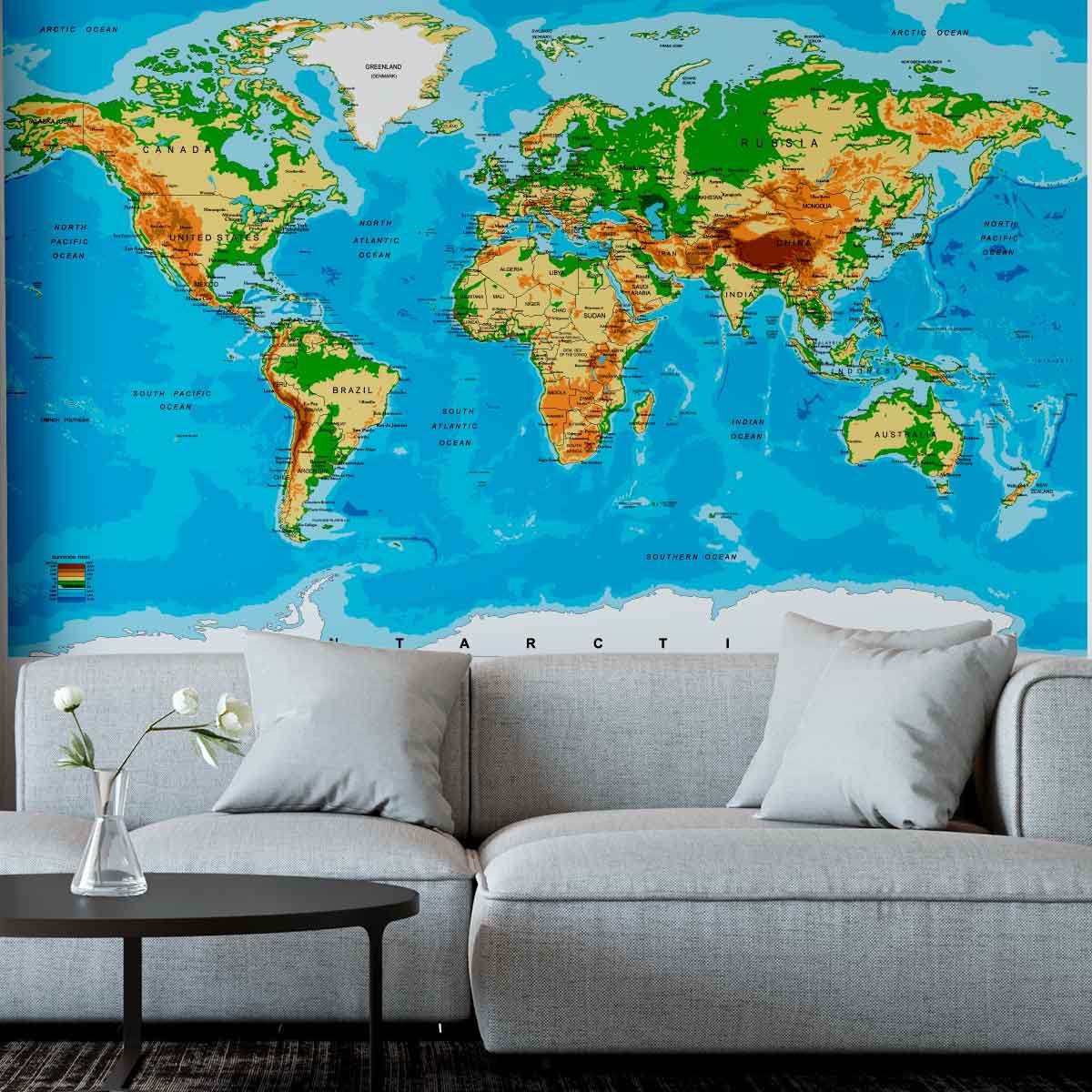 ADAZIO - Fotomural de Mapamundi Topográfico L - 180cm x 111cm (ancho x alto)