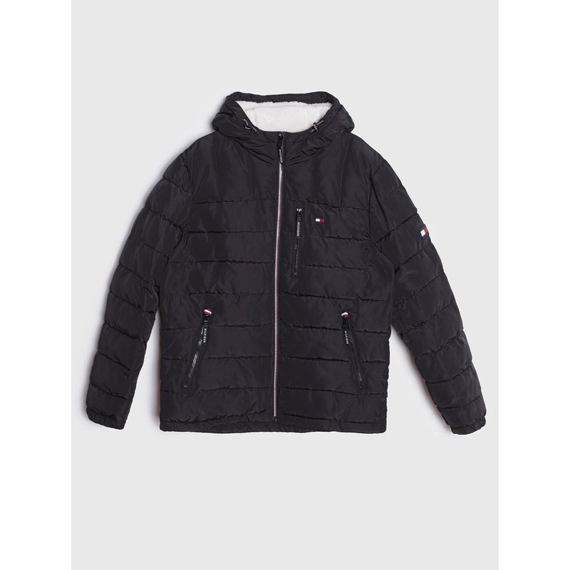 TOMMY HILFIGER - Chaqueta negra quilted con gorro y logo Tommy Hilfiger