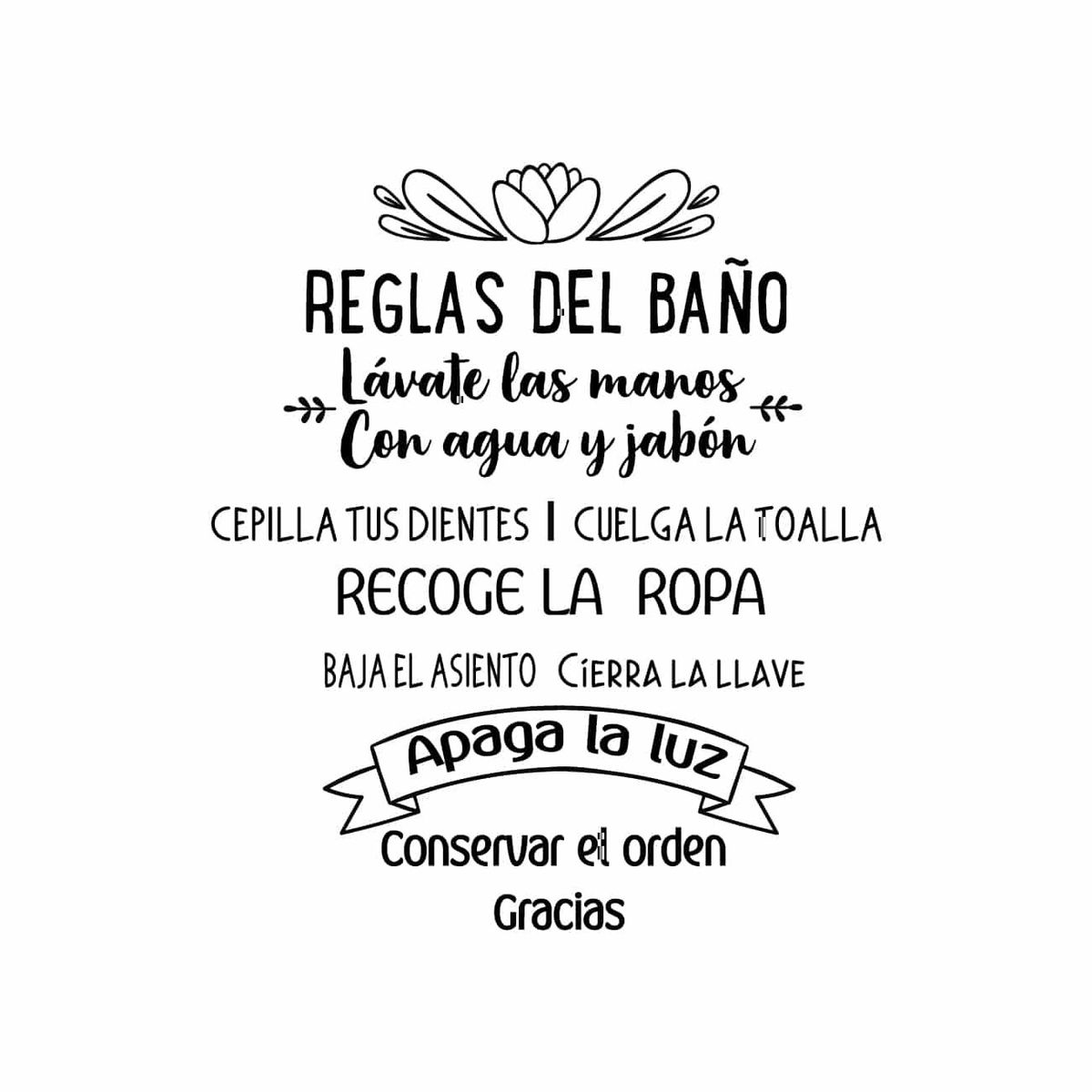 ADAZIO - Vinilo Decorativo de Texto Reglas del Baño M - 83cm x 95cm (ancho x alto)