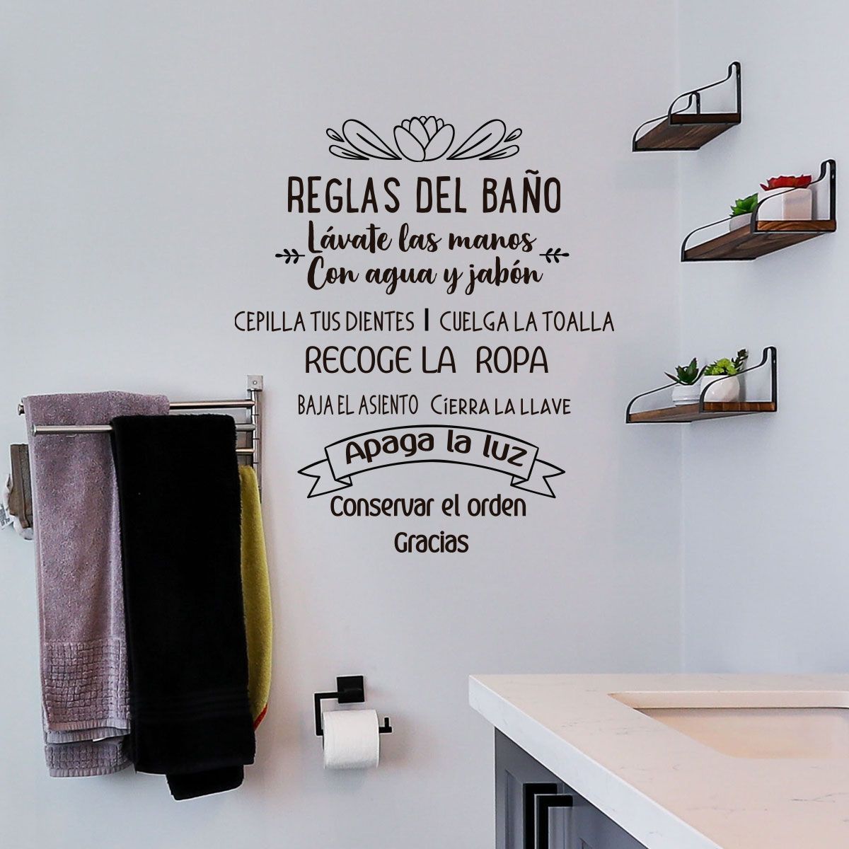 ADAZIO - Vinilo Decorativo de Texto Reglas del Baño L - 96cm x 110cm (ancho x alto)