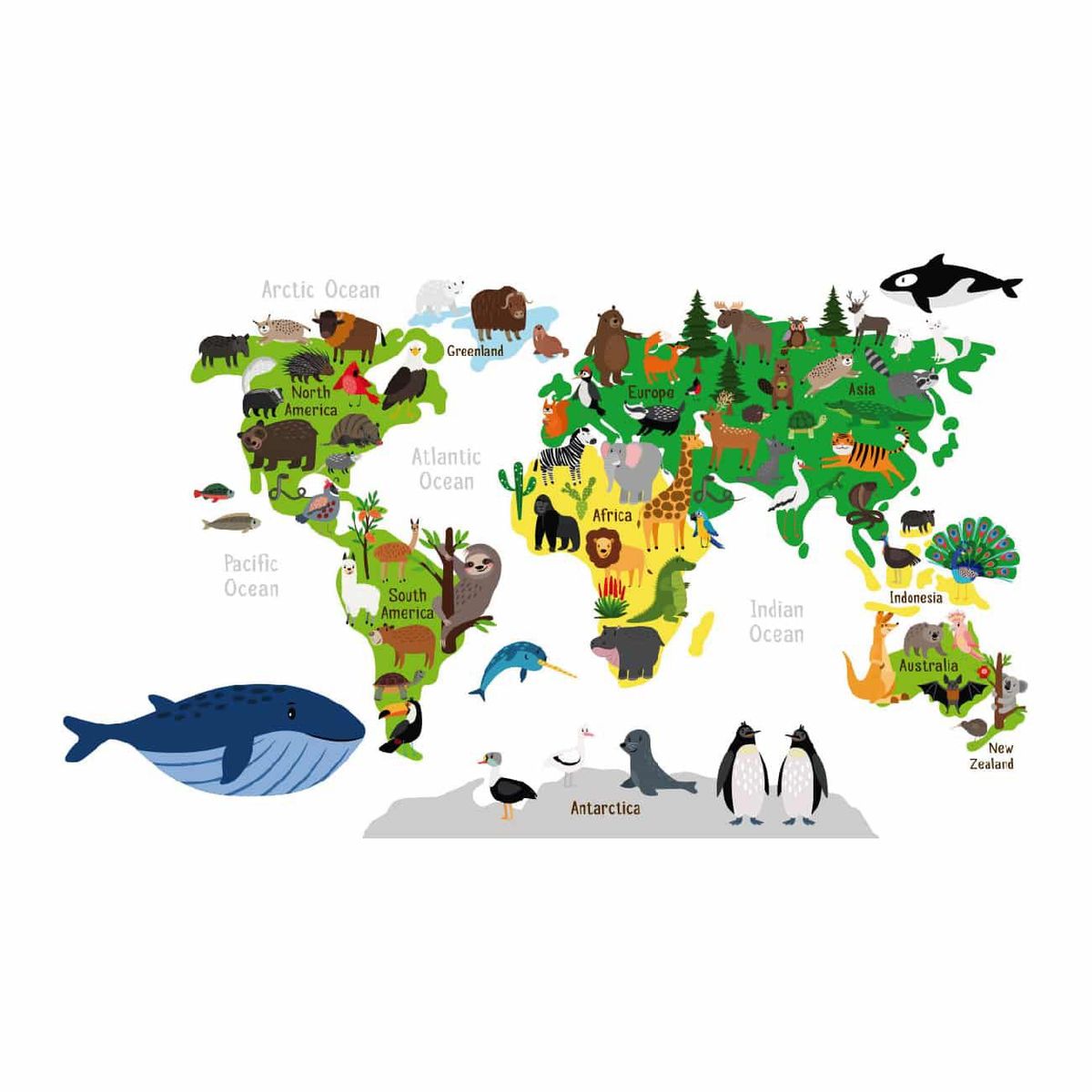 ADAZIO - Vinilo de Mapamundi Infantil con Animales L - 180cm x 109cm (ancho x alto)