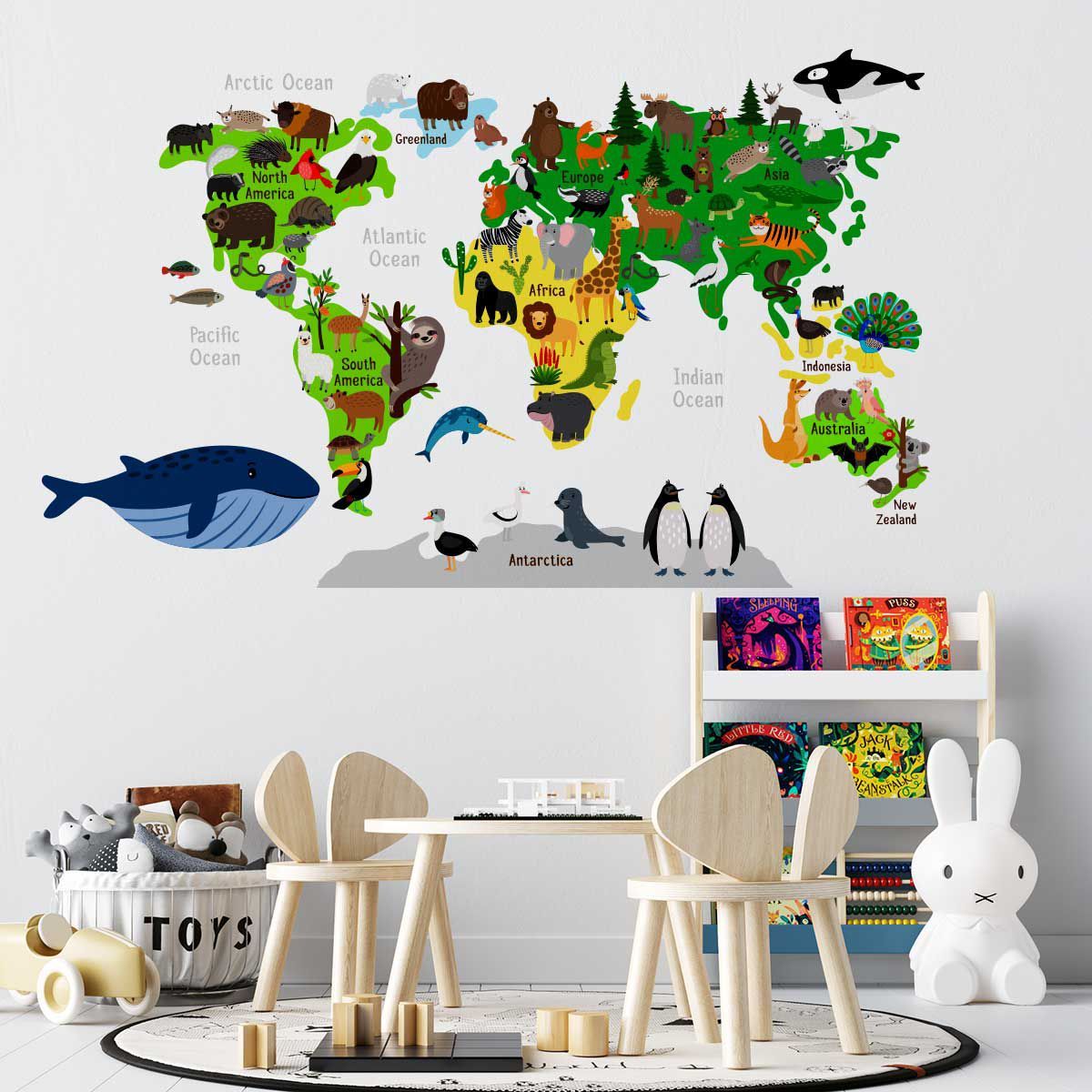ADAZIO - Vinilo de Mapamundi Infantil con Animales L - 180cm x 109cm (ancho x alto)